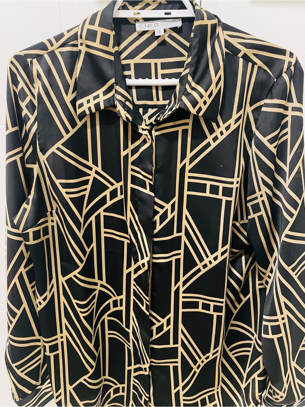 Cleo Black Silk Shirt with Gold Geometric Print